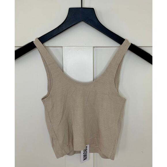 Joah Brown Crop Snap Tank in Khaki Beige Size S/M Pullover Ribbed Knit Snap - Picture 2 of 5
